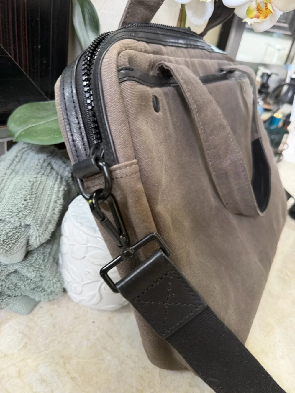 All Saints canvas and leather laptop bag